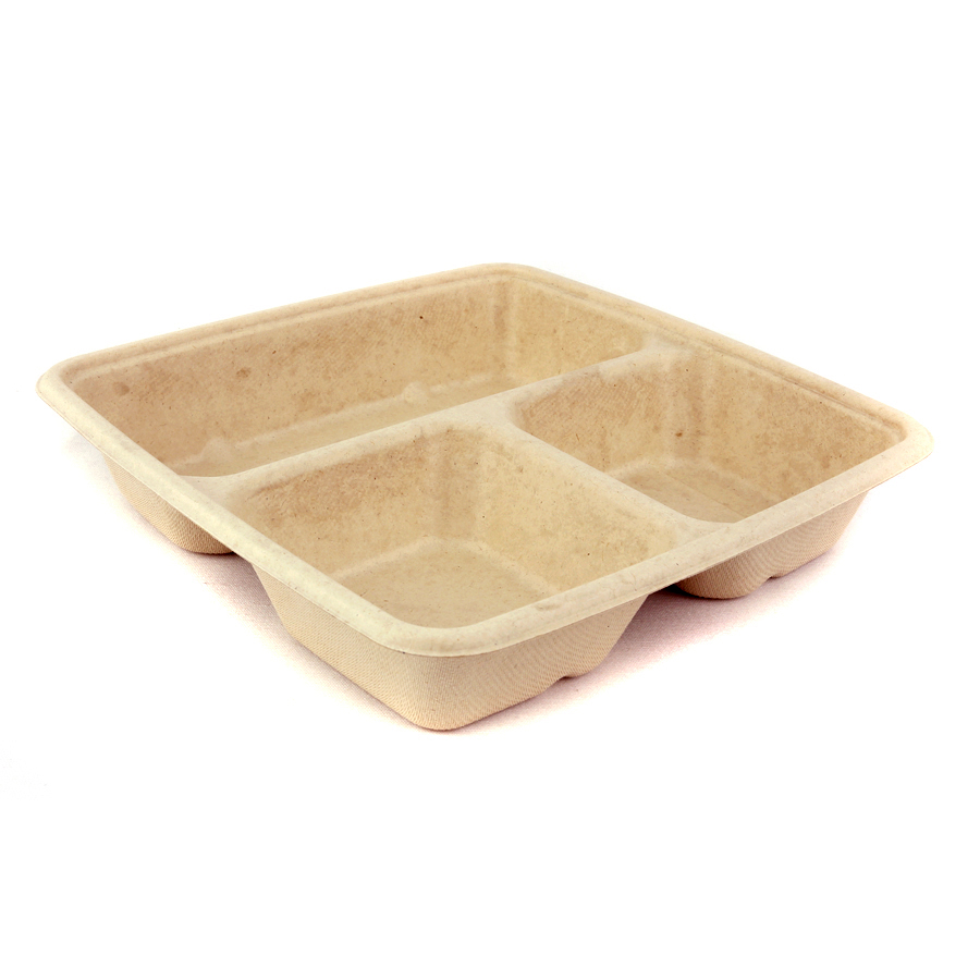 Bagasse Bepulp Square Tray 3 Compartment 200-500ml 23 x 23 x 4cm (300)